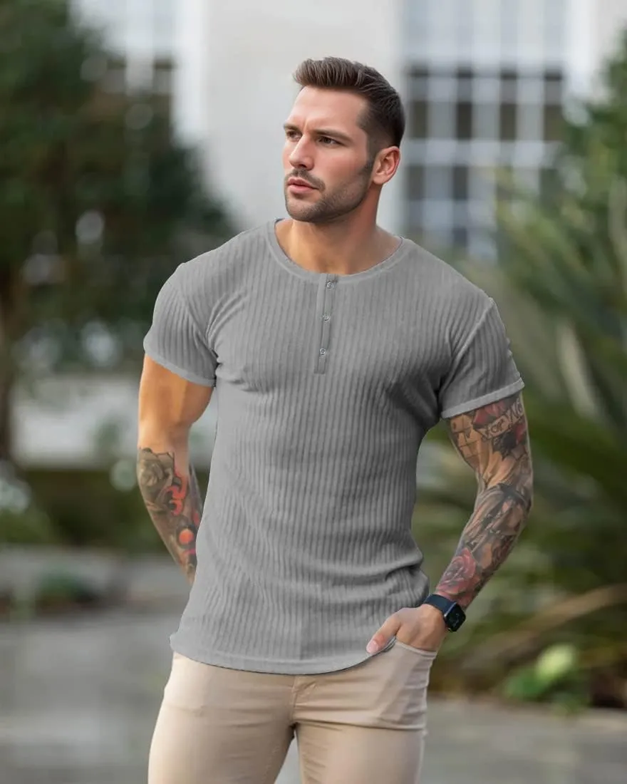 Men's Cotton Muscle Henley Shirts Slim Fit Short/Long Sleeve Stretchy Casual Stylish Ribbed Tee