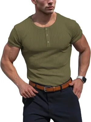 Men's Cotton Muscle Henley Shirts Slim Fit Short/Long Sleeve Stretchy Casual Stylish Ribbed Tee
