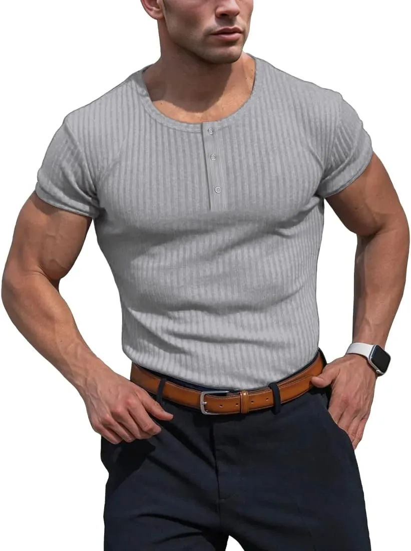 Men's Cotton Muscle Henley Shirts Slim Fit Short/Long Sleeve Stretchy Casual Stylish Ribbed Tee