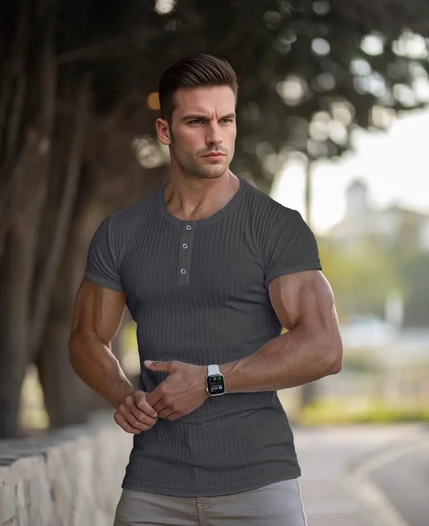 Men's Cotton Muscle Henley Shirts Slim Fit Short/Long Sleeve Stretchy Casual Stylish Ribbed Tee