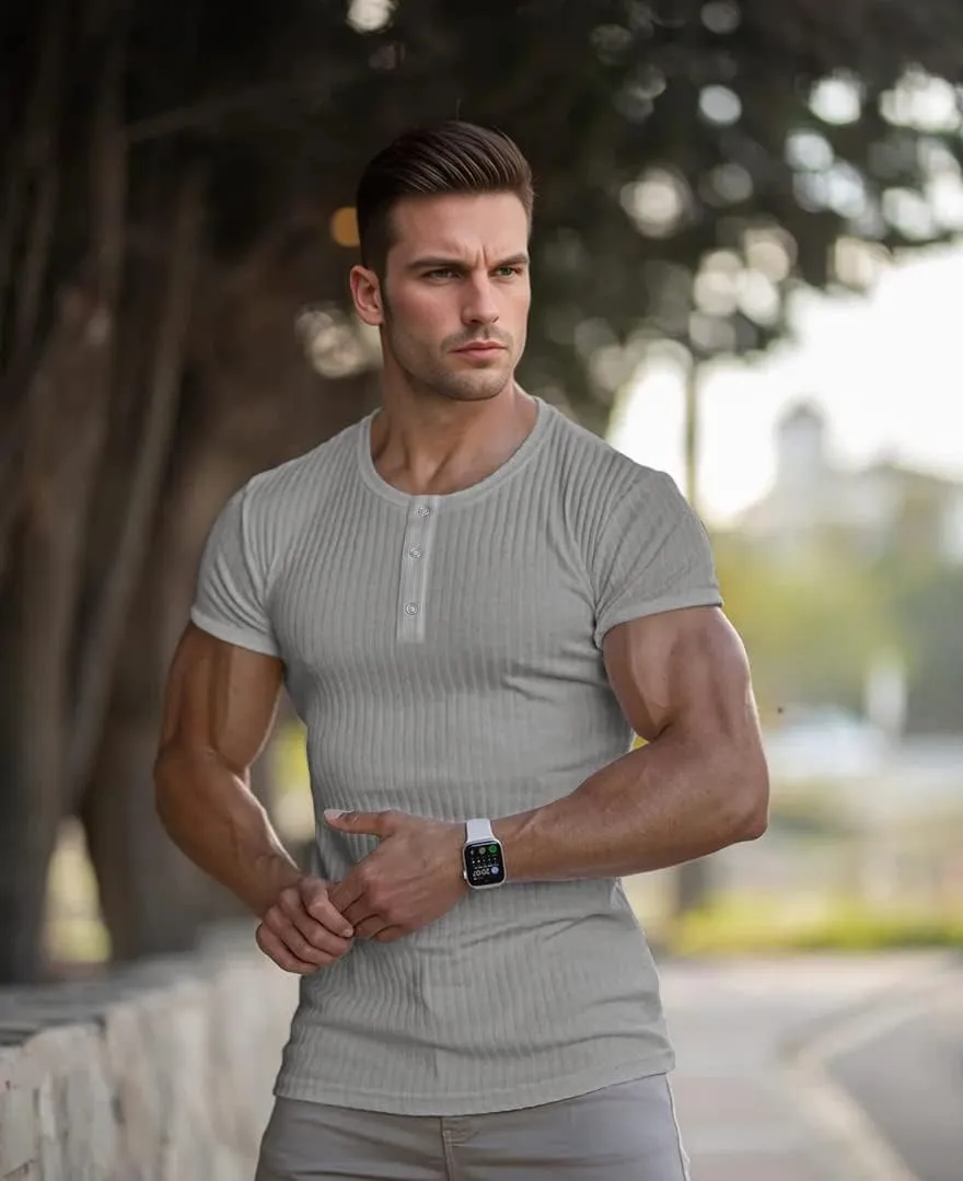 Men's Cotton Muscle Henley Shirts Slim Fit Short/Long Sleeve Stretchy Casual Stylish Ribbed Tee