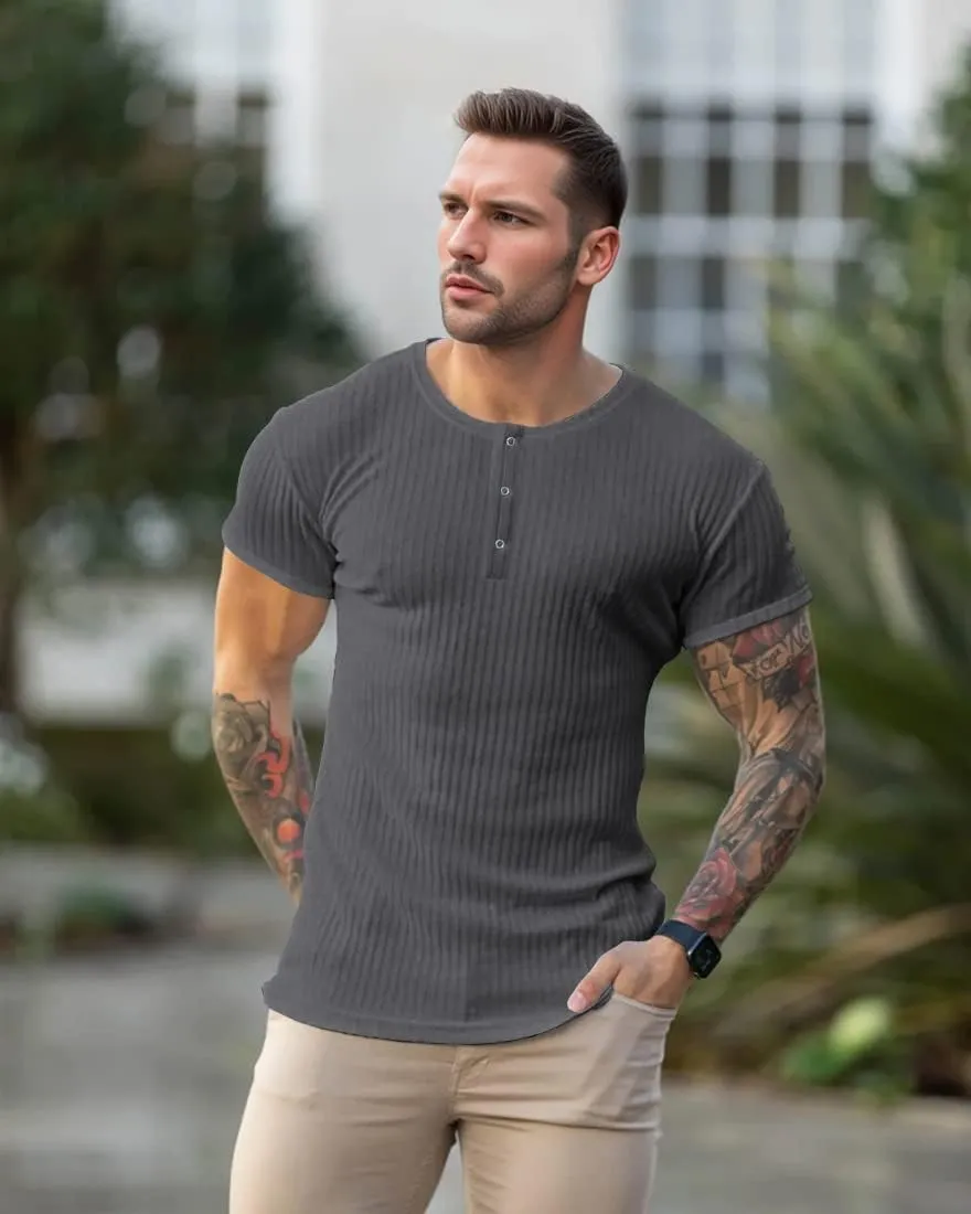 Men's Cotton Muscle Henley Shirts Slim Fit Short/Long Sleeve Stretchy Casual Stylish Ribbed Tee