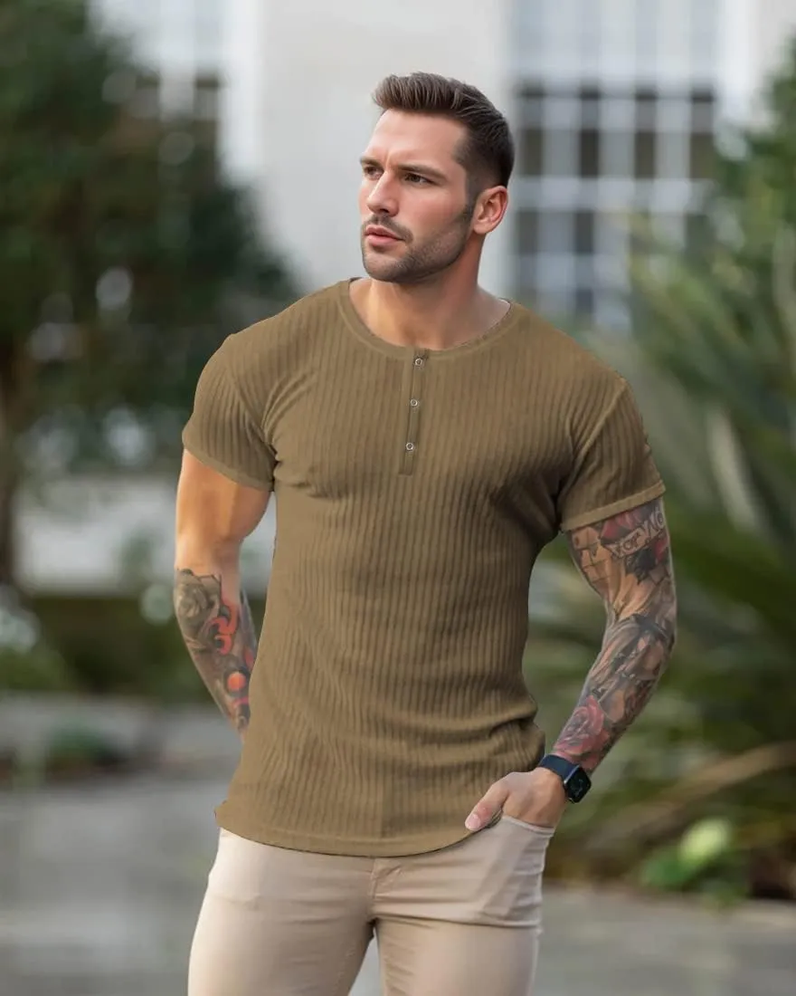 Men's Cotton Muscle Henley Shirts Slim Fit Short/Long Sleeve Stretchy Casual Stylish Ribbed Tee