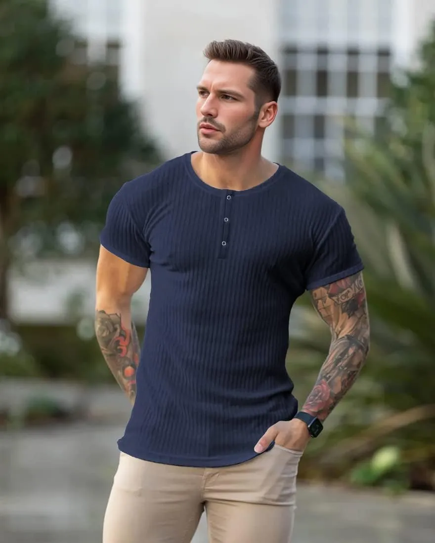 Men's Cotton Muscle Henley Shirts Slim Fit Short/Long Sleeve Stretchy Casual Stylish Ribbed Tee