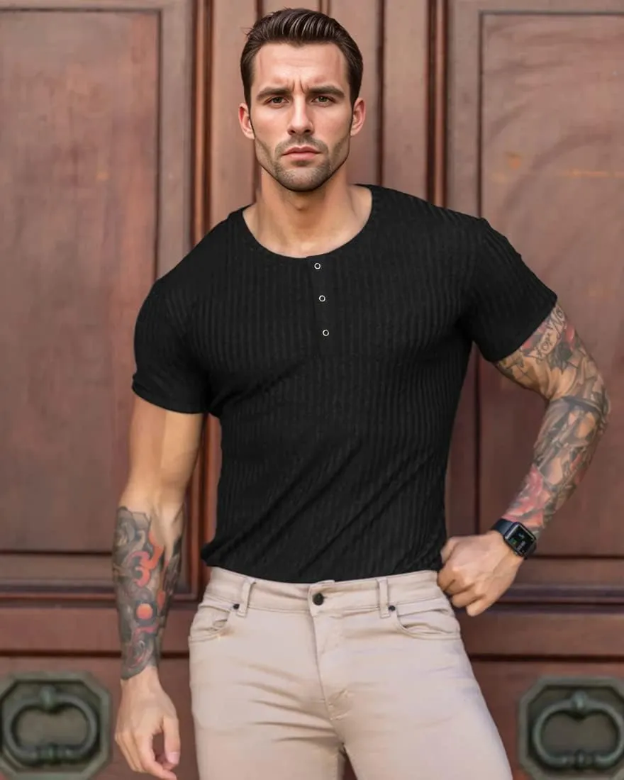 Men's Cotton Muscle Henley Shirts Slim Fit Short/Long Sleeve Stretchy Casual Stylish Ribbed Tee