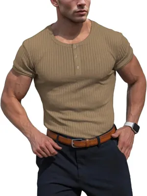 Men's Cotton Muscle Henley Shirts Slim Fit Short/Long Sleeve Stretchy Casual Stylish Ribbed Tee