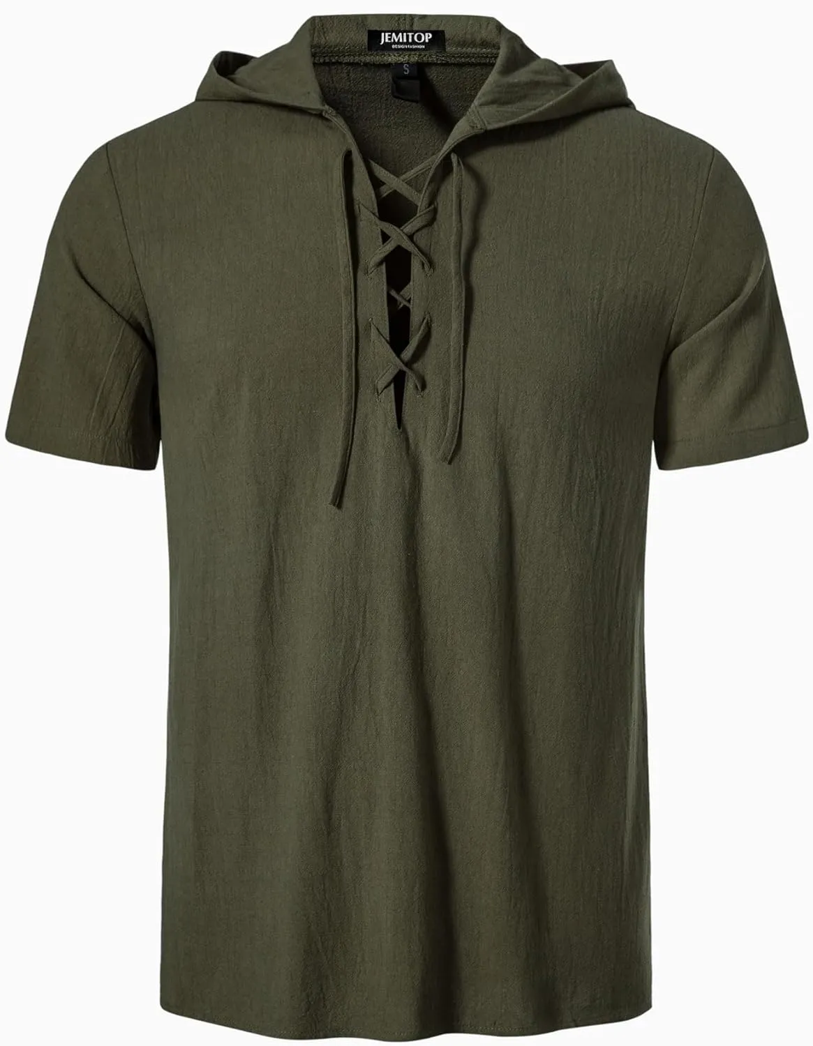 Men's Cotton Vintage Hooded Design Short Sleeve Lace up Shirts for Renaissance Pirate Viking Medieval Costume