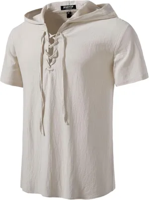 Men's Cotton Vintage Hooded Design Short Sleeve Lace up Shirts for Renaissance Pirate Viking Medieval Costume