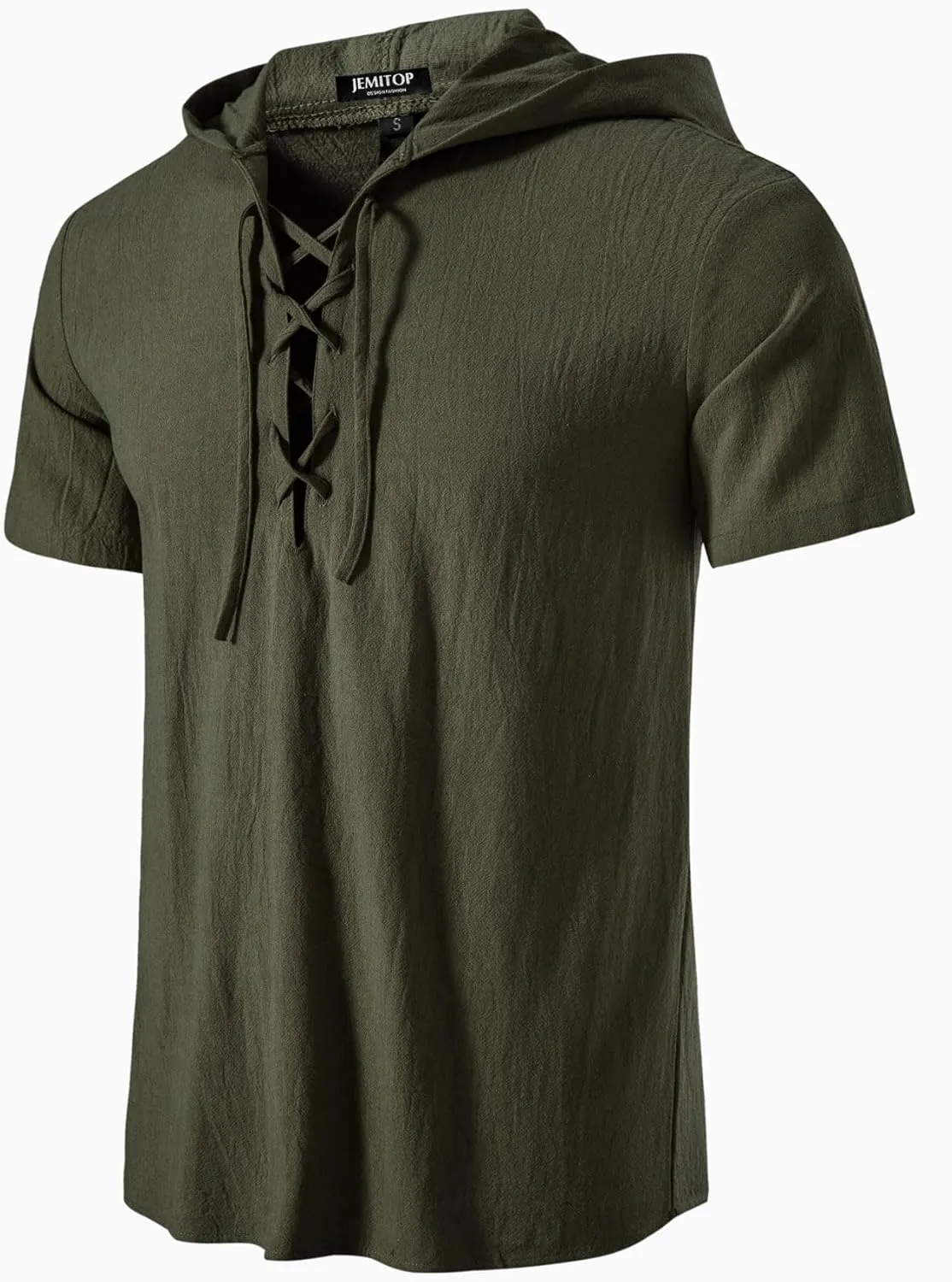 Men's Cotton Vintage Hooded Design Short Sleeve Lace up Shirts for Renaissance Pirate Viking Medieval Costume