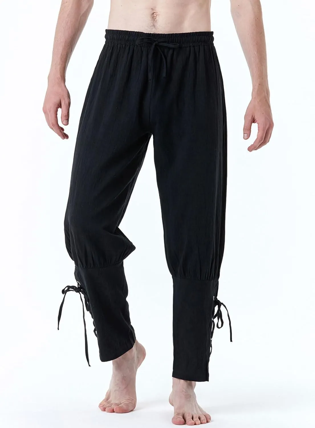 Men's Pure Cotton Vintage Ankle Banded Pants for Renaissance Pirate Viking Medieval Costume