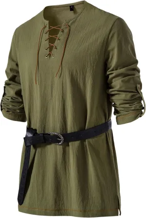 Men's Pure Cotton Vintage Lace Up Shirts for Pirate Renaissance Viking Medieval Costume Without Belt