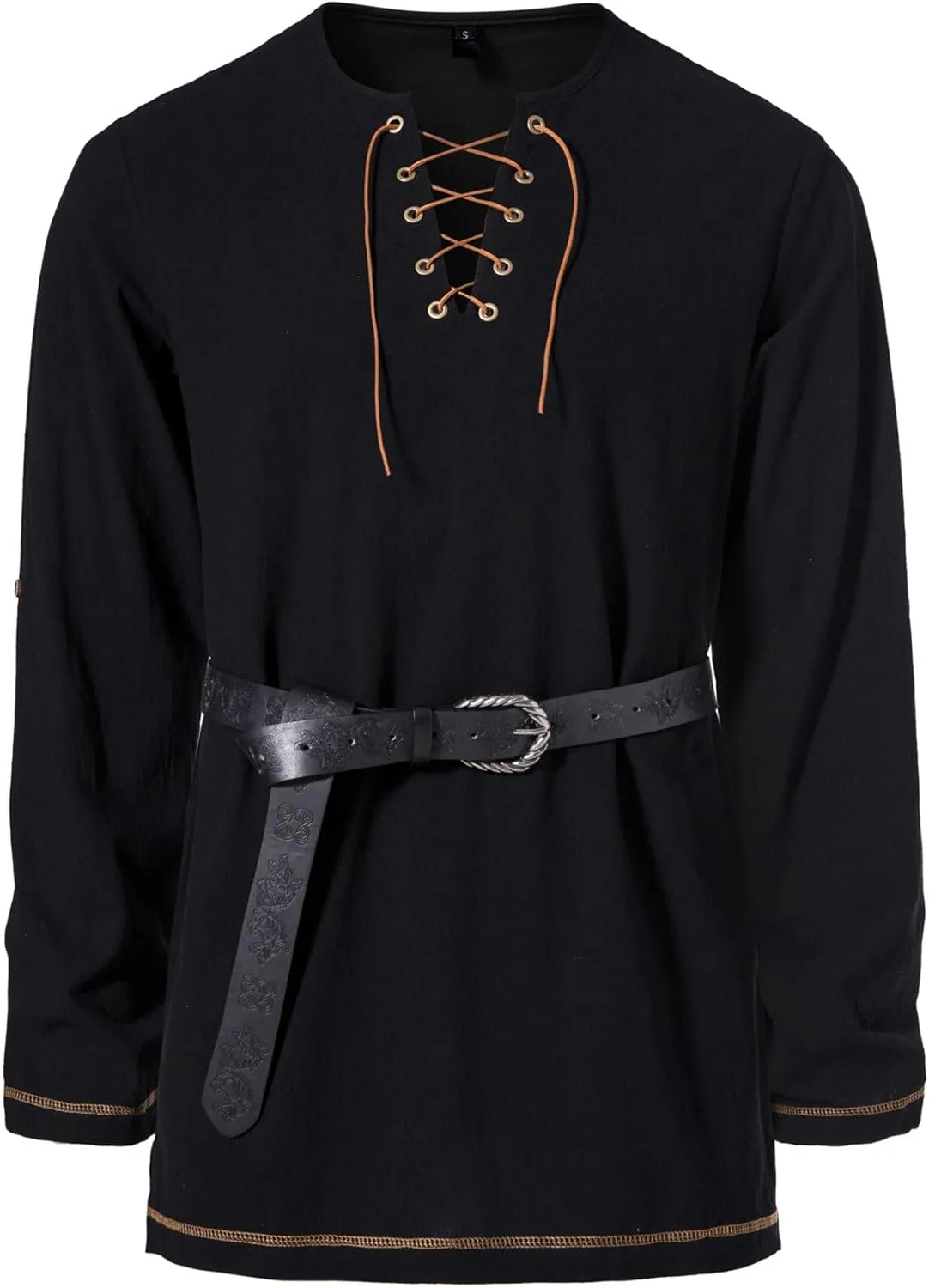 Men's Pure Cotton Vintage Lace Up Shirts for Pirate Renaissance Viking Medieval Costume Without Belt