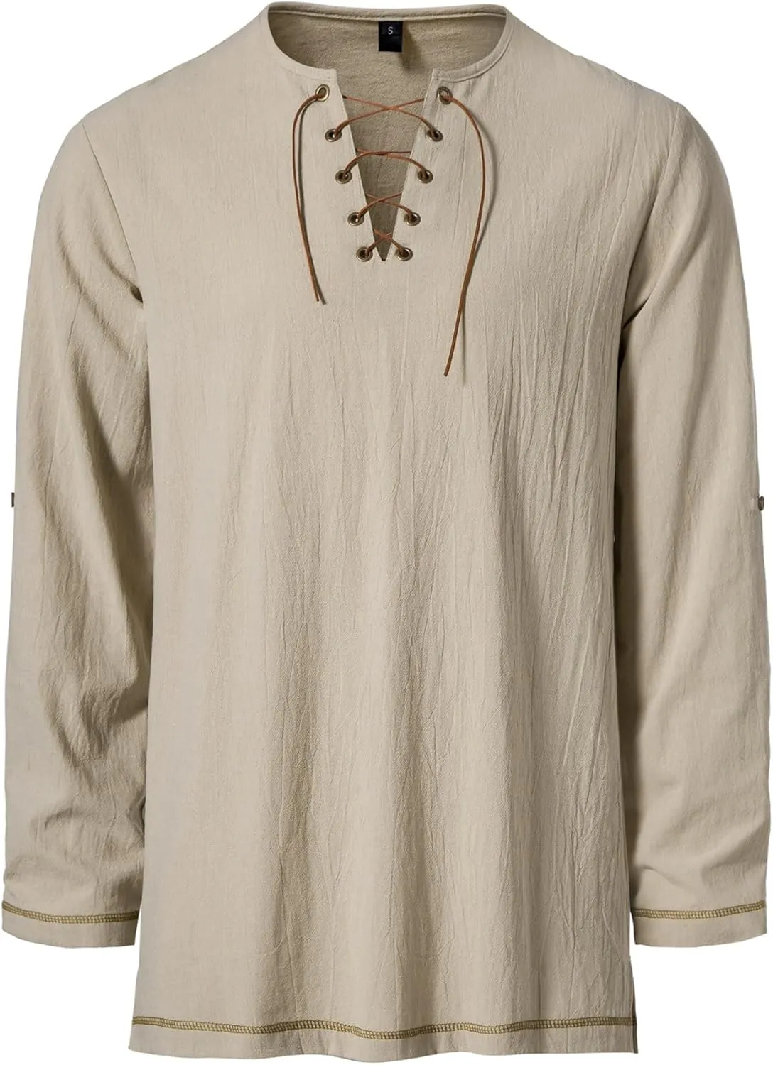 Men's Pure Cotton Vintage Lace Up Shirts for Pirate Renaissance Viking Medieval Costume Without Belt