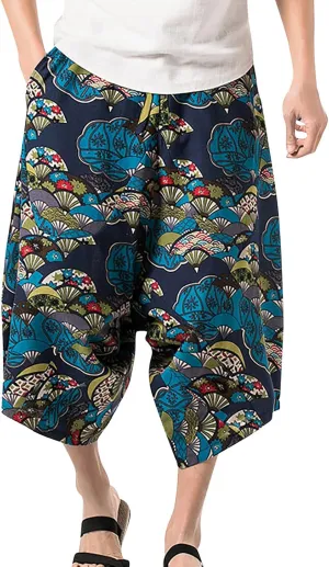 Mens Retro Style Capri Pants Chinese National Style Baggy Fashion Casual Cropped Pant Drawstring Waisted Traveling Pants 2024