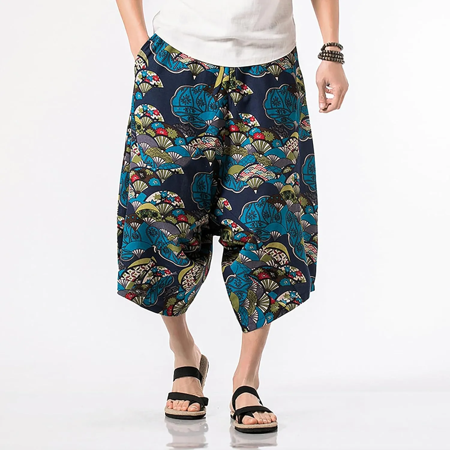 Mens Retro Style Capri Pants Chinese National Style Baggy Fashion Casual Cropped Pant Drawstring Waisted Traveling Pants 2024