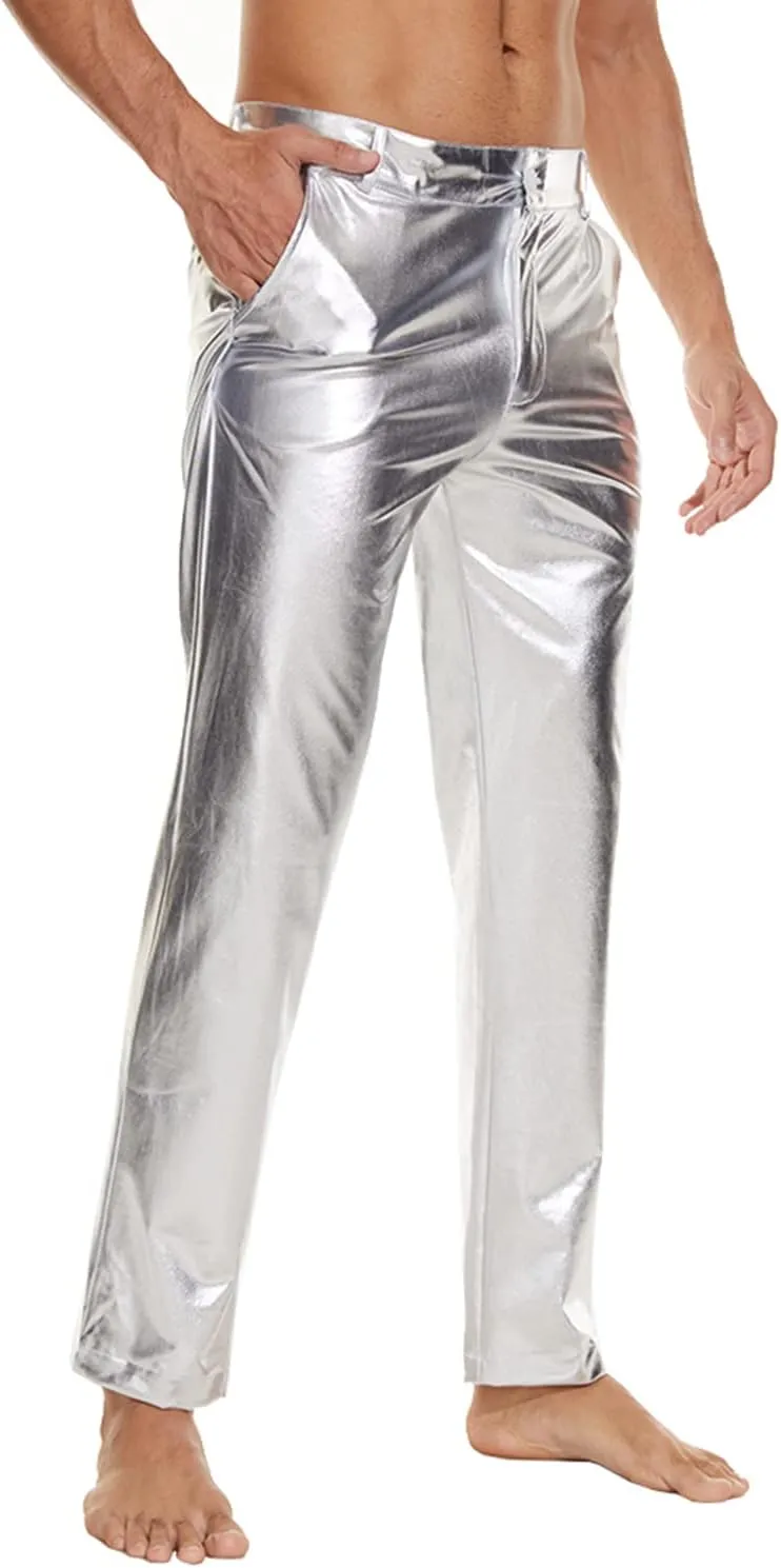 Metallic Shiny Disco Pants for Men, 70s/80s Party Rave Pants, Vintage Cosplay Straight Leg Trousers