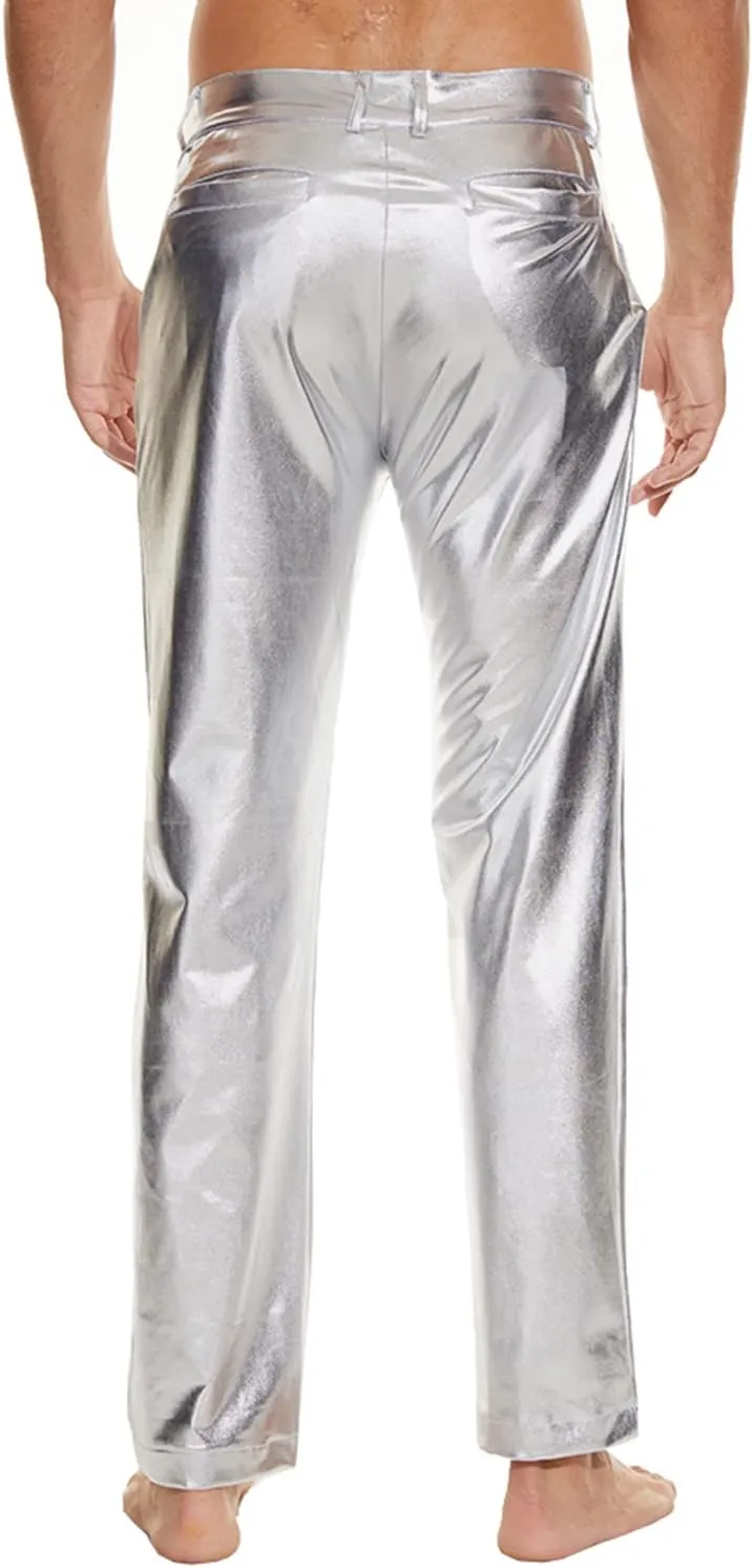 Metallic Shiny Disco Pants for Men, 70s/80s Party Rave Pants, Vintage Cosplay Straight Leg Trousers