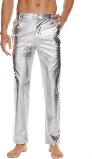 Metallic Shiny Disco Pants for Men, 70s/80s Party Rave Pants, Vintage Cosplay Straight Leg Trousers