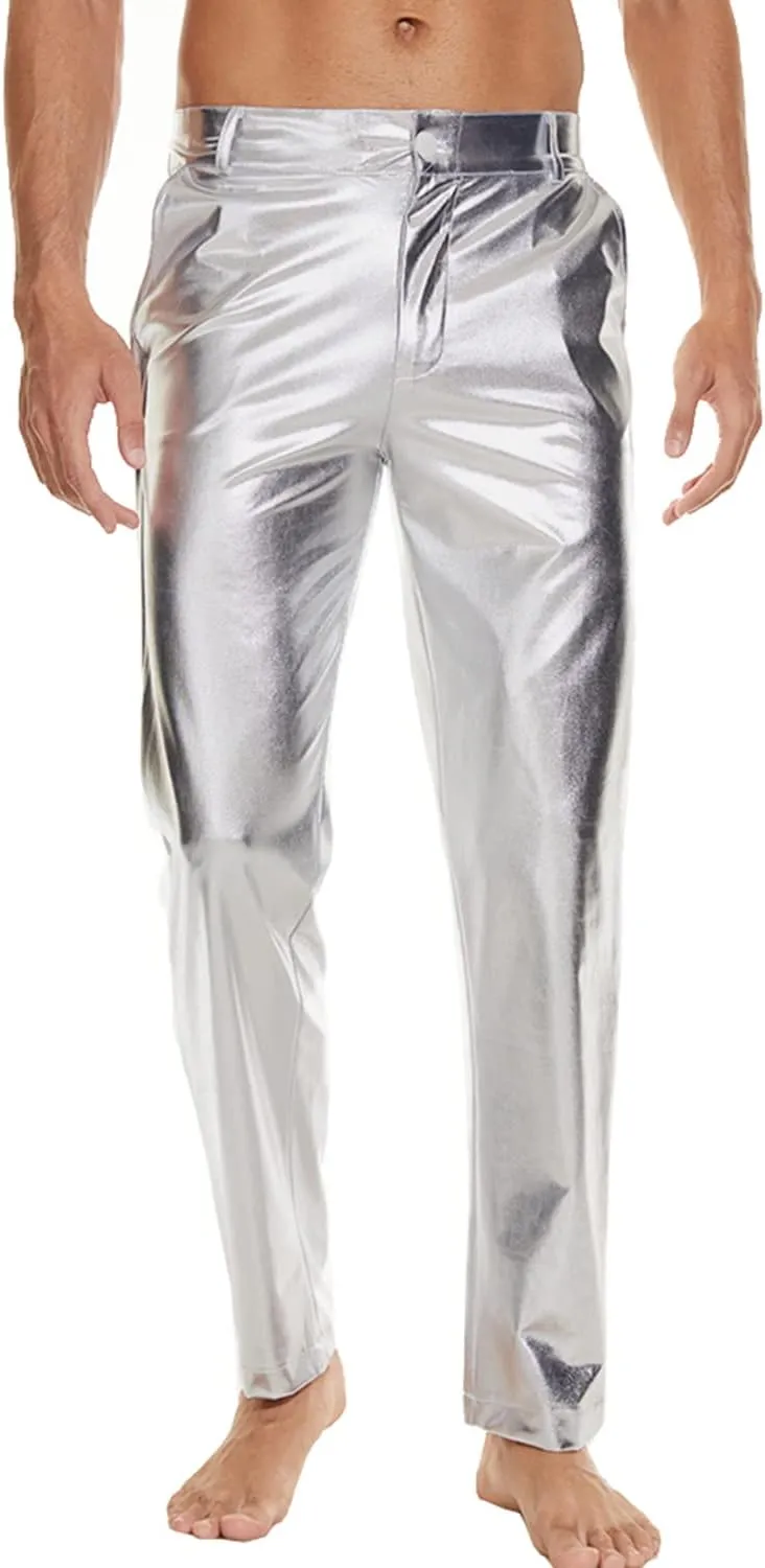 Metallic Shiny Disco Pants for Men, 70s/80s Party Rave Pants, Vintage Cosplay Straight Leg Trousers