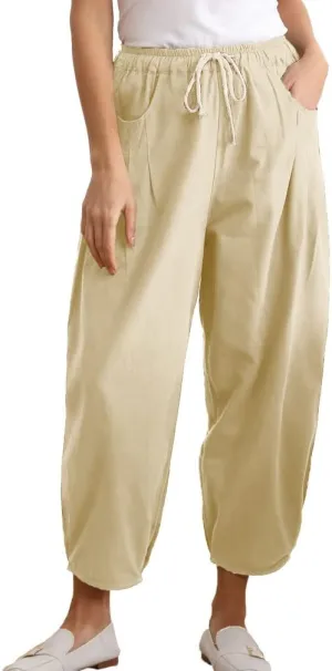 Minibee Womens Casual Pants Wide Leg Baggy Tapered Capri Drawstring Elastic Waist Ankle Trousers with Pockets