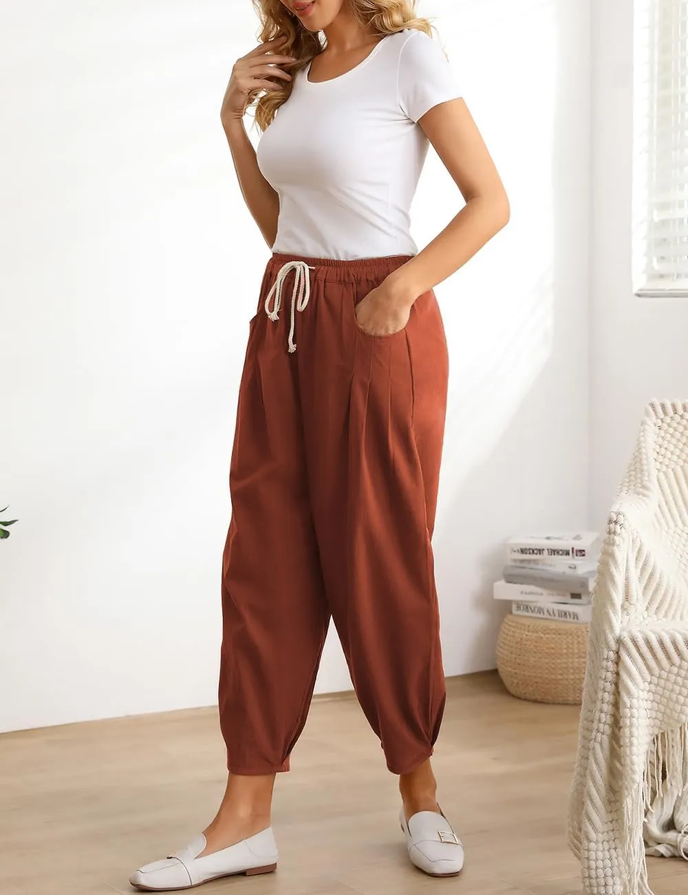 Minibee Womens Casual Pants Wide Leg Baggy Tapered Capri Drawstring Elastic Waist Ankle Trousers with Pockets