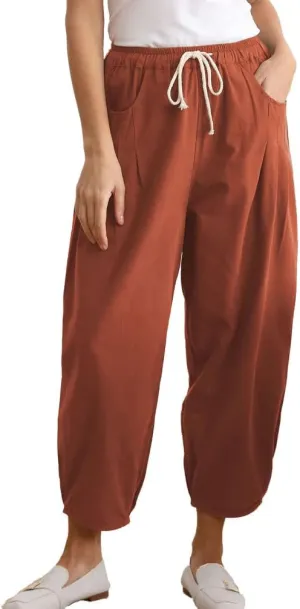 Minibee Womens Casual Pants Wide Leg Baggy Tapered Capri Drawstring Elastic Waist Ankle Trousers with Pockets