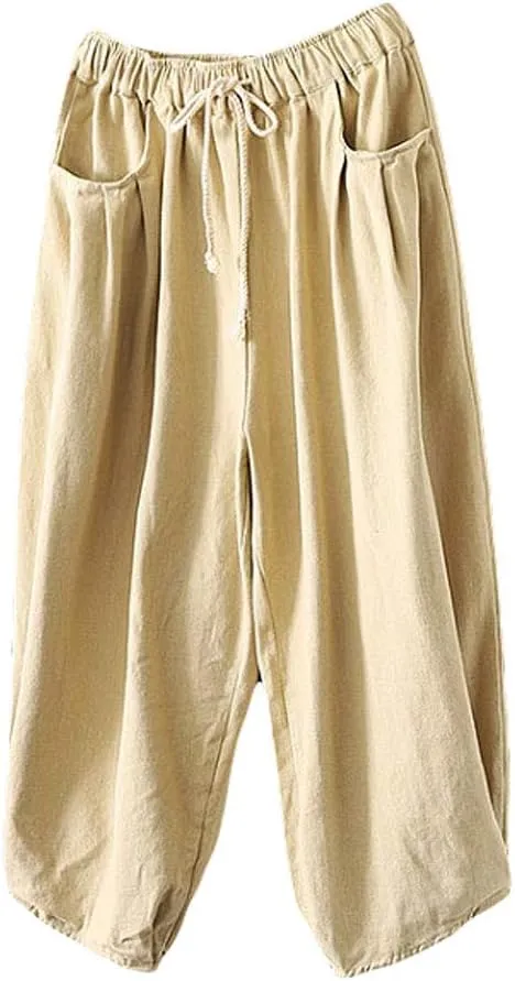 Minibee Womens Casual Pants Wide Leg Baggy Tapered Capri Drawstring Elastic Waist Ankle Trousers with Pockets