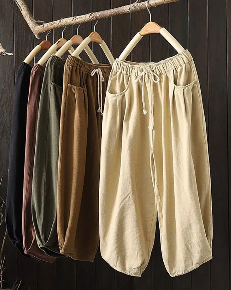 Minibee Womens Casual Pants Wide Leg Baggy Tapered Capri Drawstring Elastic Waist Ankle Trousers with Pockets