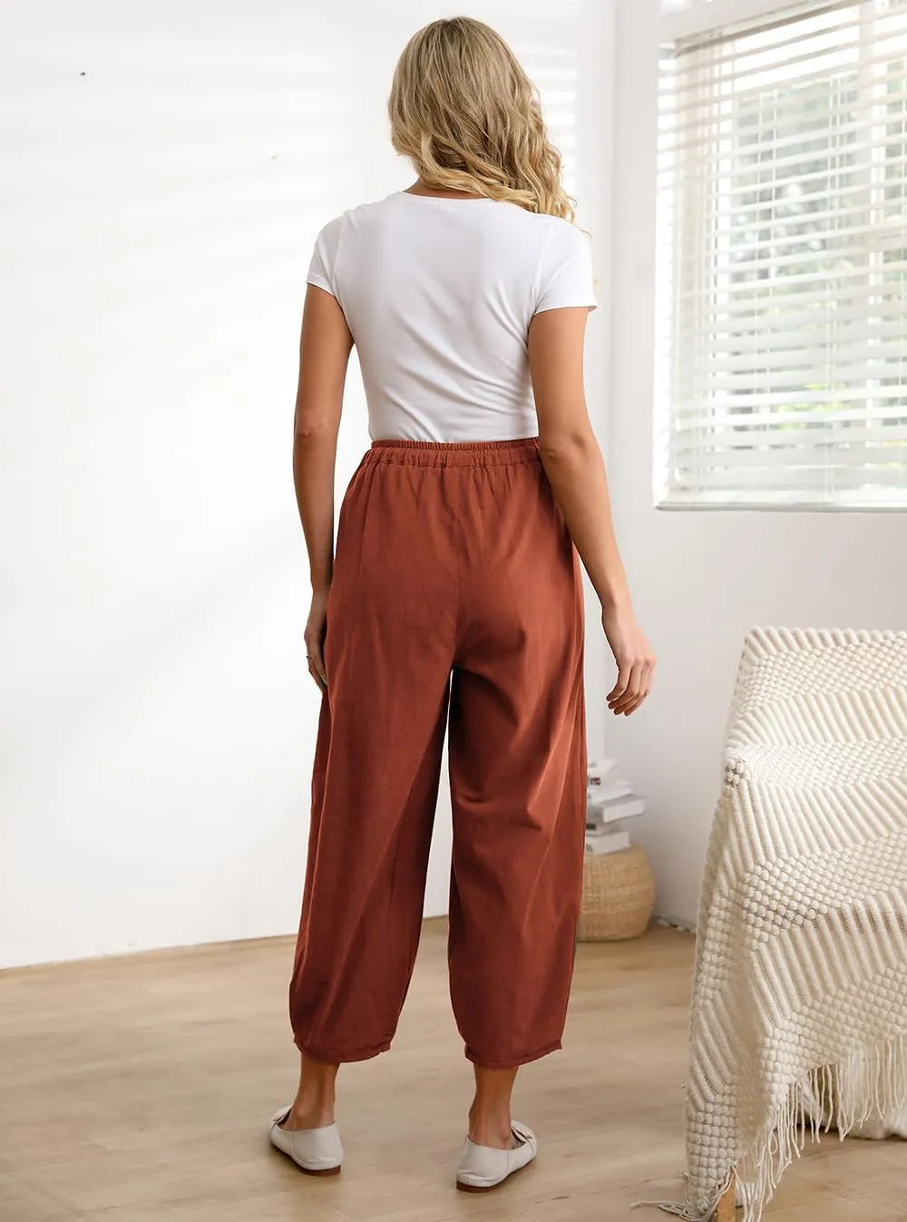 Minibee Womens Casual Pants Wide Leg Baggy Tapered Capri Drawstring Elastic Waist Ankle Trousers with Pockets