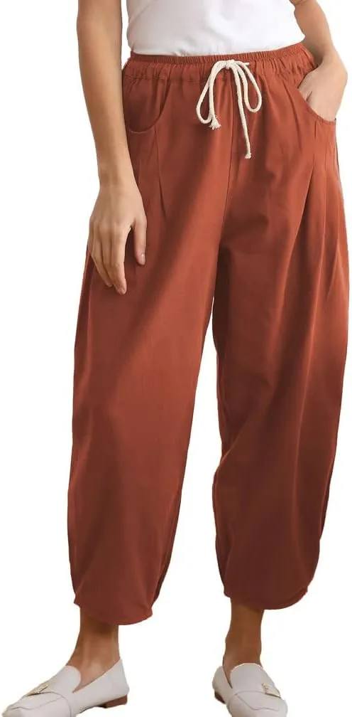 Minibee Womens Casual Pants Wide Leg Baggy Tapered Capri Drawstring Elastic Waist Ankle Trousers with Pockets