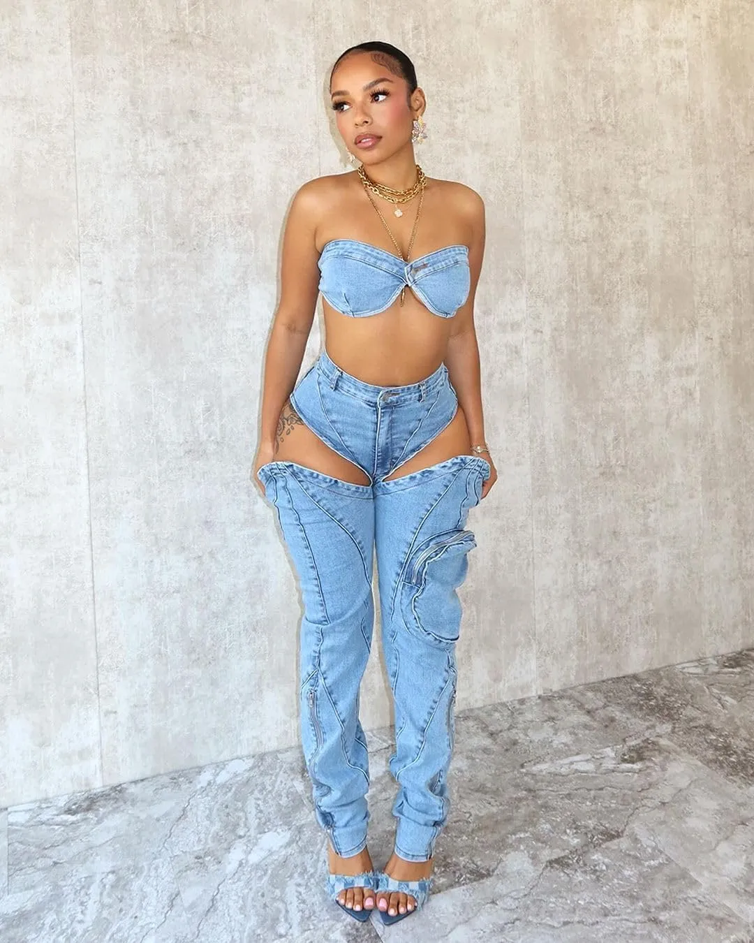 Molilove Women's Denim Outfits Caged Corset Pants Set 2 Piece Summer Tube Top High Waist Jeans Set Sexy Cutout Two Piece Set