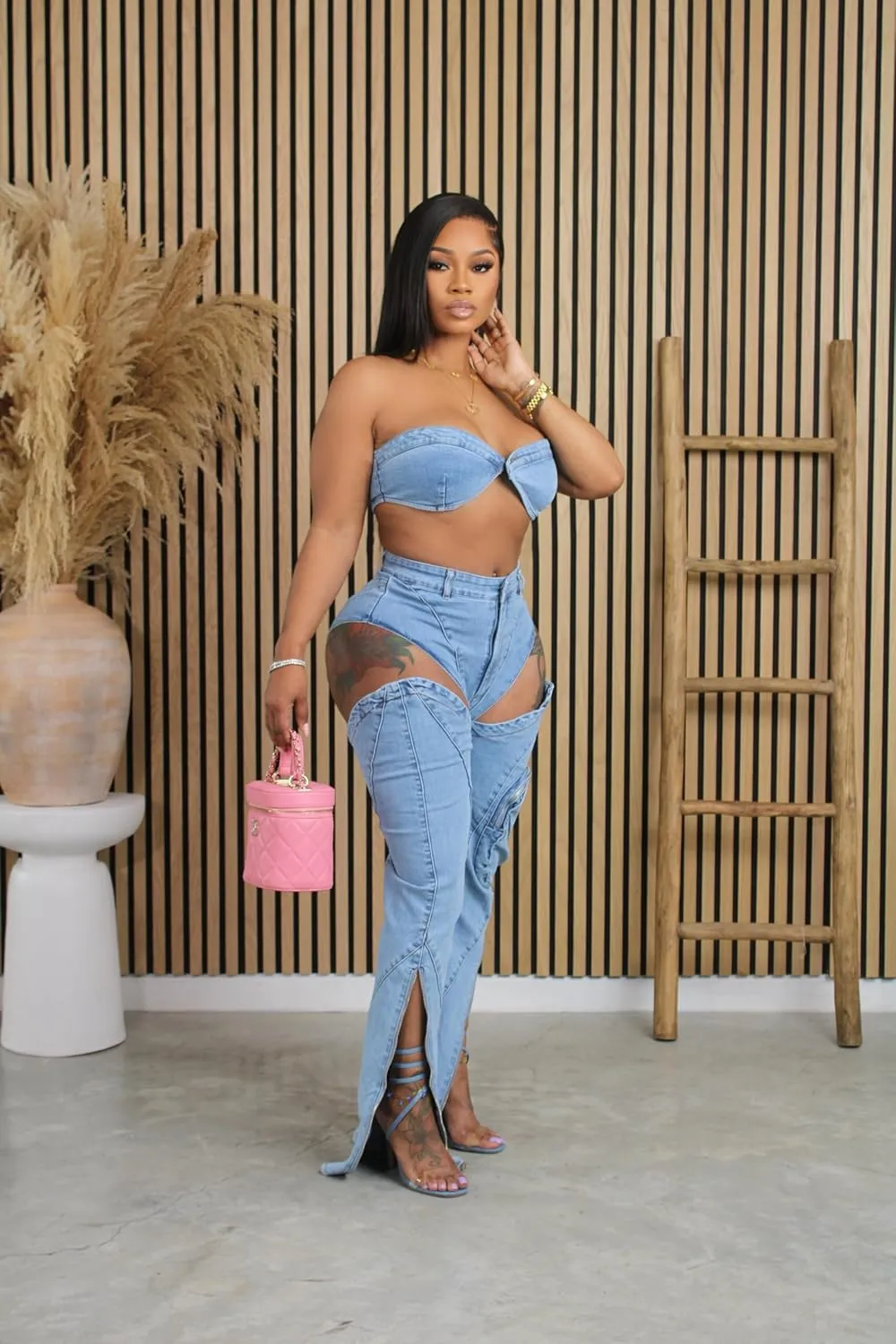 Molilove Women's Denim Outfits Caged Corset Pants Set 2 Piece Summer Tube Top High Waist Jeans Set Sexy Cutout Two Piece Set
