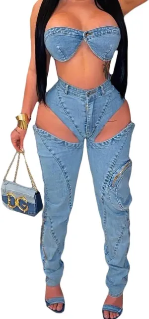 Molilove Women's Denim Outfits Caged Corset Pants Set 2 Piece Summer Tube Top High Waist Jeans Set Sexy Cutout Two Piece Set