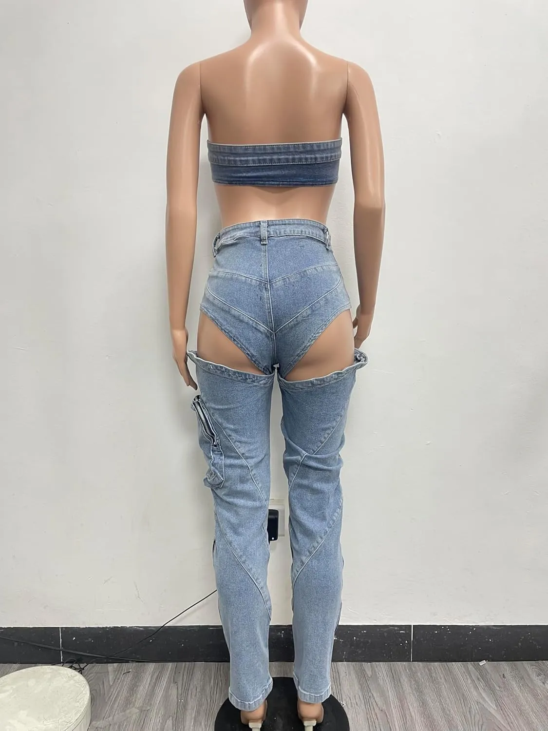 Molilove Women's Denim Outfits Caged Corset Pants Set 2 Piece Summer Tube Top High Waist Jeans Set Sexy Cutout Two Piece Set