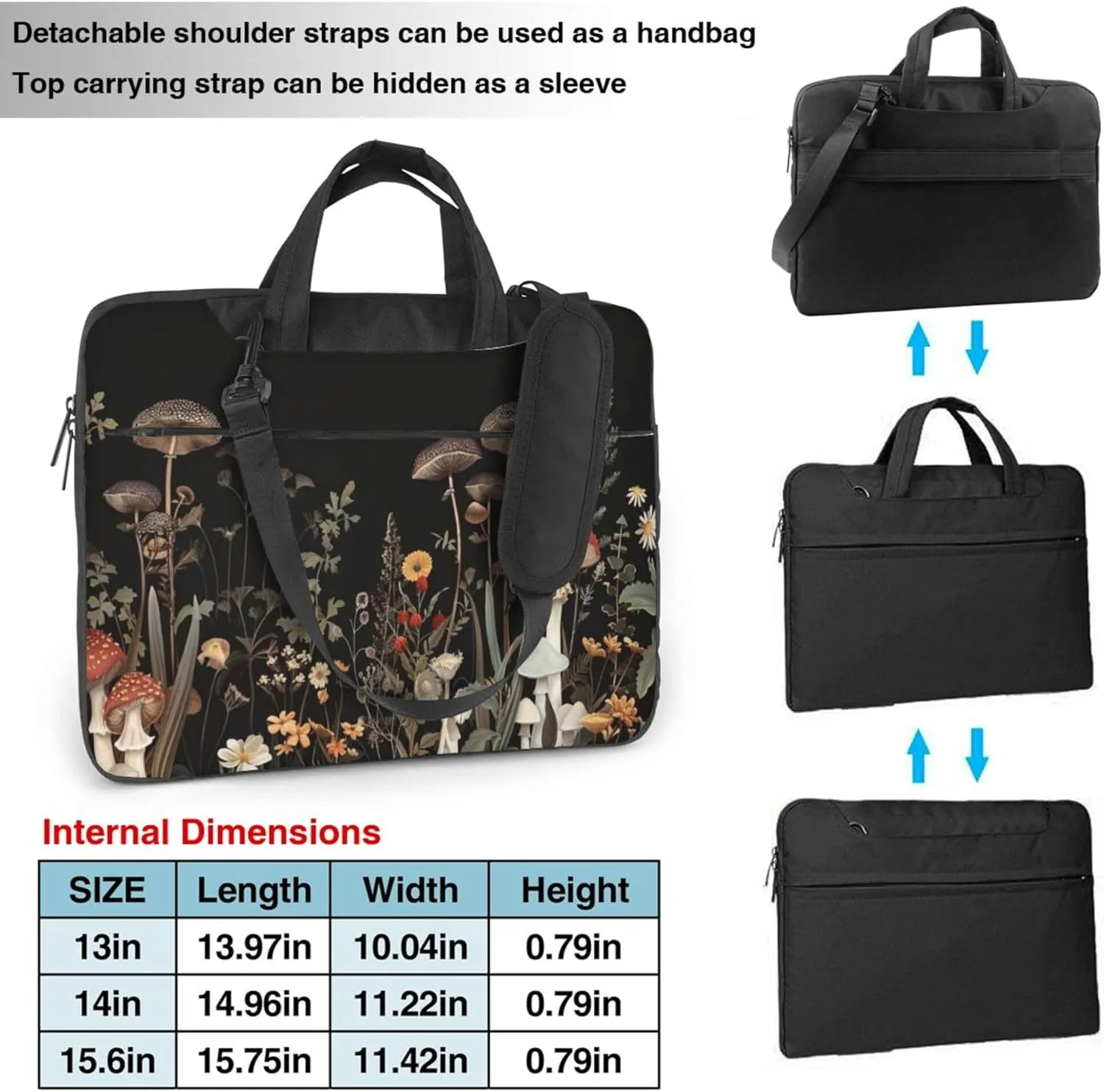 Mushroom Forest Laptop Shoulder Bag for Women, Plants Leaves Laptop Sleeve Case Durable Computer Bag