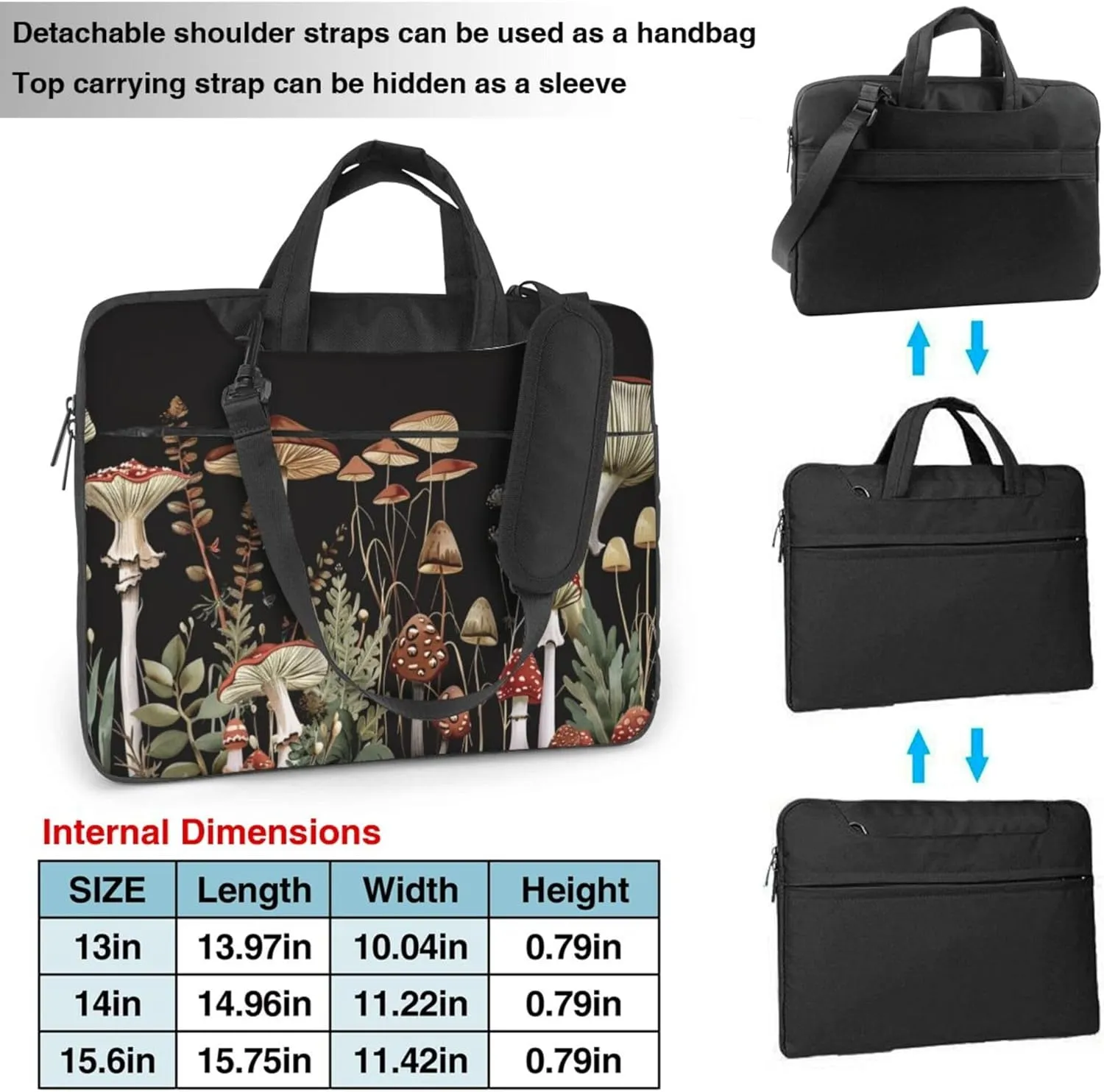 Mushroom Plants Laptop Shoulder Bag for Women, Mushroom Leaves Laptop Sleeve Case Durable Computer Bag