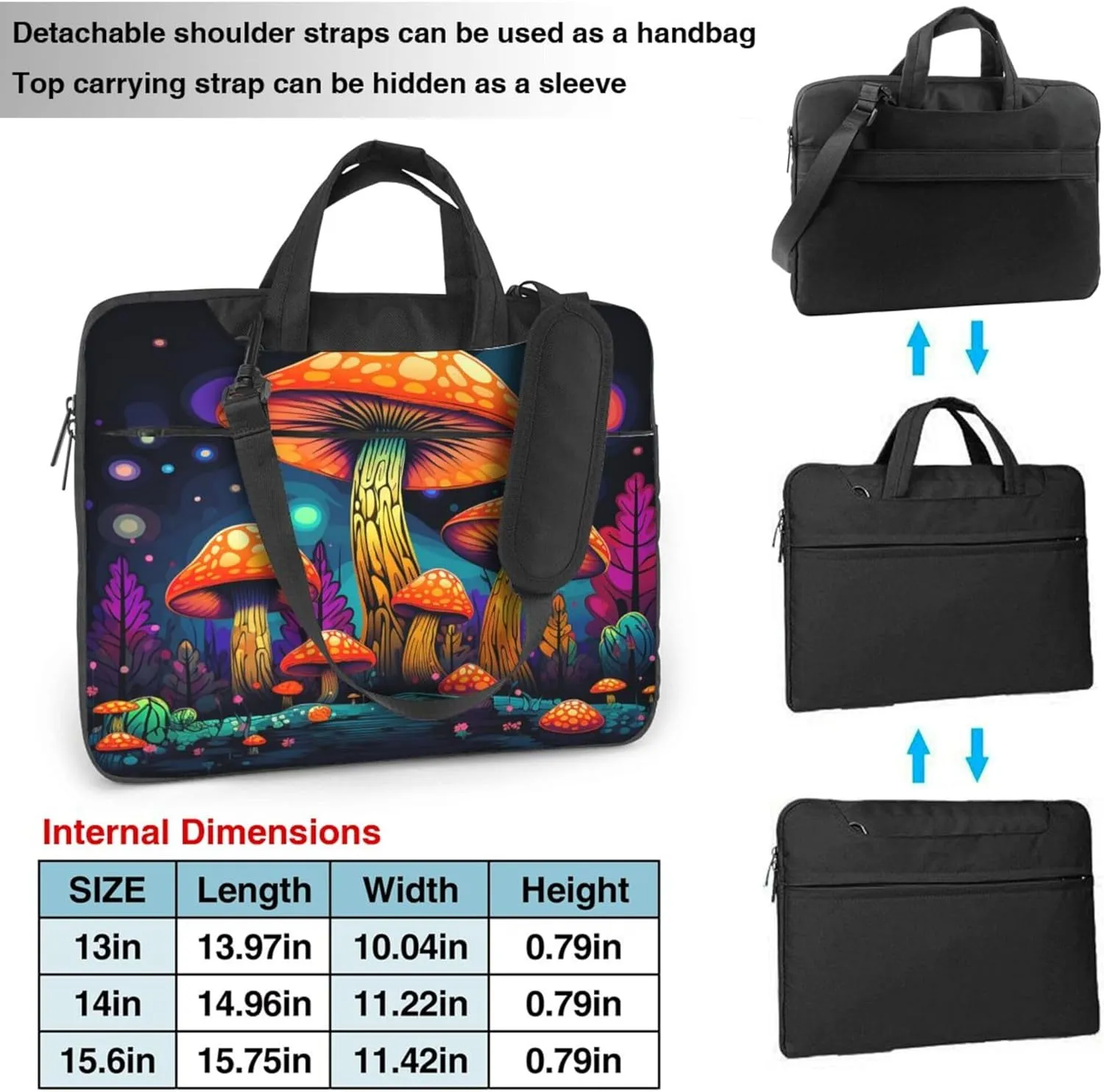 Mushrooms Rainbow Laptop Shoulder Bag for Women, Psychedelic Mushroom Laptop Sleeve Case Durable Computer Bag