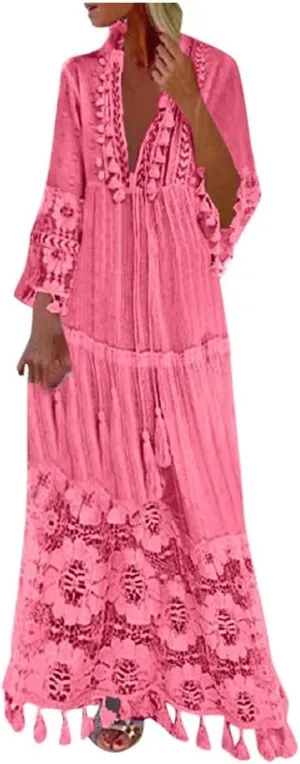 NaRHbrg Womens Summer Maxi Dresses V Neck Floral Lace Long Dress Casual Long Sleeve Boho Flowy Sundress Beach Party Sundress
