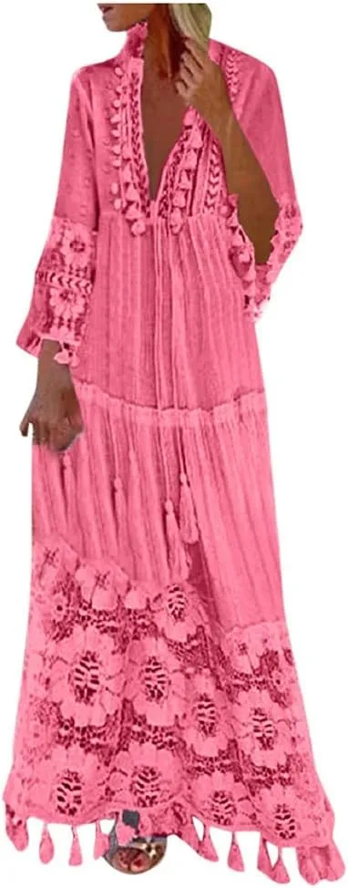 NaRHbrg Womens Summer Maxi Dresses V Neck Floral Lace Long Dress Casual Long Sleeve Boho Flowy Sundress Beach Party Sundress