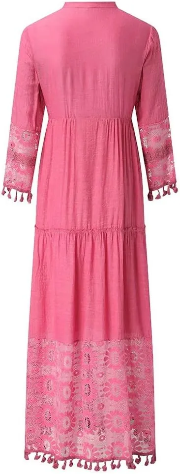 NaRHbrg Womens Summer Maxi Dresses V Neck Floral Lace Long Dress Casual Long Sleeve Boho Flowy Sundress Beach Party Sundress