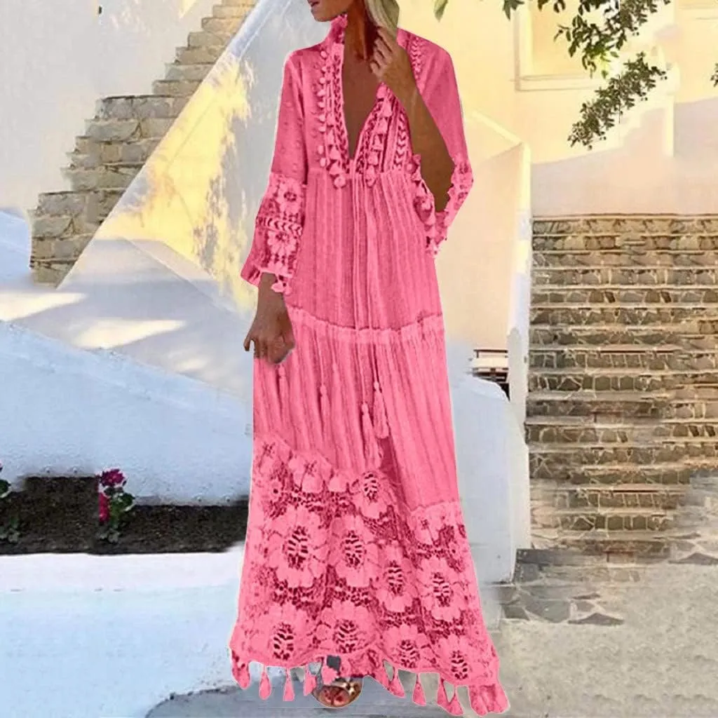 NaRHbrg Womens Summer Maxi Dresses V Neck Floral Lace Long Dress Casual Long Sleeve Boho Flowy Sundress Beach Party Sundress