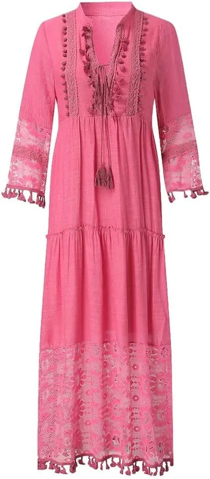 NaRHbrg Womens Summer Maxi Dresses V Neck Floral Lace Long Dress Casual Long Sleeve Boho Flowy Sundress Beach Party Sundress