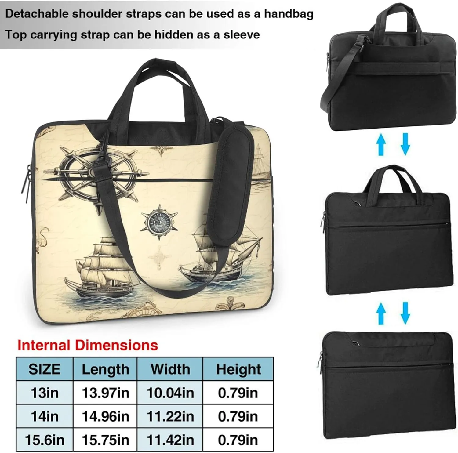 Nautical Compass Laptop Shoulder Bag for Women, Compass Sailboat Laptop Sleeve Case Durable Computer Bag