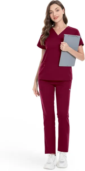 niaahinn Classic Scrub Set for Women - V-Neck Scrub Top & Stylish Scrub Jogger Pants with Multi Pocket Medical Uniform