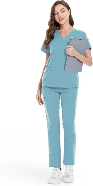 niaahinn Classic Scrub Set for Women - V-Neck Scrub Top & Stylish Scrub Jogger Pants with Multi Pocket Medical Uniform