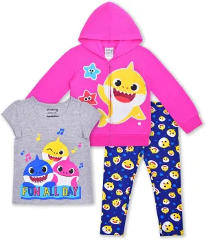 Nickelodeon Baby Shark Girls 3 Piece T-Shirt, Zip Up Hoodie and Leggings Pants Set for Toddler and Little Kids