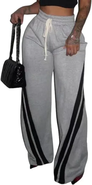 NRTHYE Women's High Waist Wide Leg Sweatpants Straight Leg Pants Casual Striped Pants