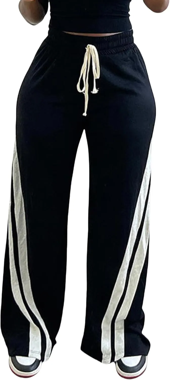 NRTHYE Women's High Waist Wide Leg Sweatpants Straight Leg Pants Casual Striped Pants