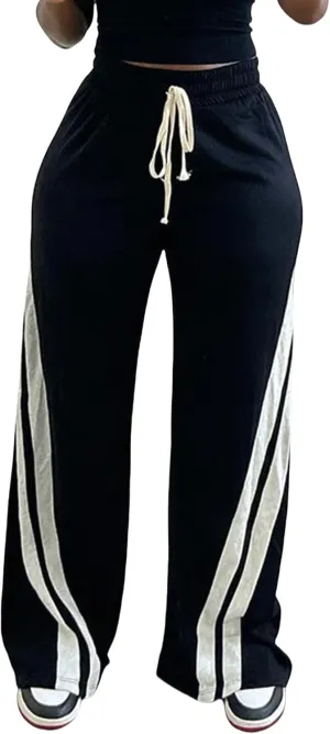 NRTHYE Women's High Waist Wide Leg Sweatpants Straight Leg Pants Casual Striped Pants