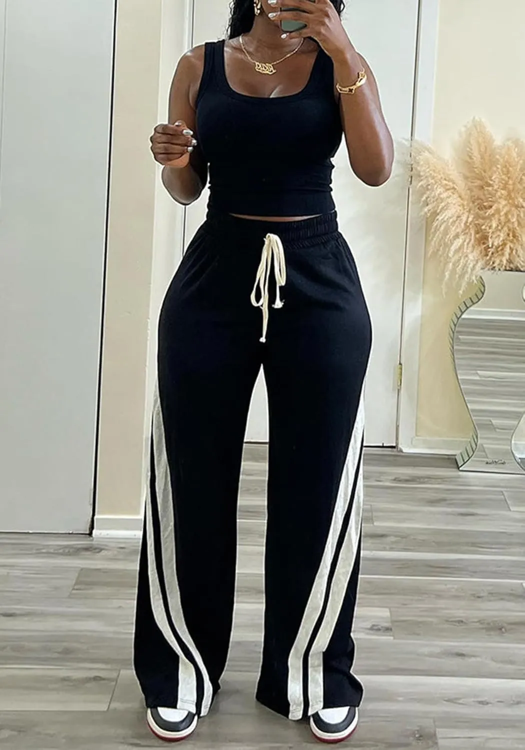 NRTHYE Women's High Waist Wide Leg Sweatpants Straight Leg Pants Casual Striped Pants